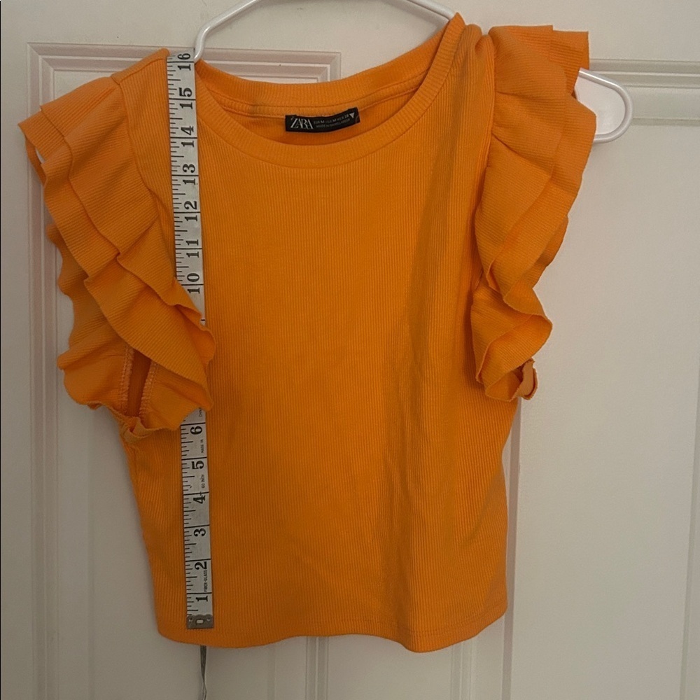 Zara Orange Ruffle Crop Top size medium sleeveless ribbed shirt cotton blend - Picture 4 of 5
